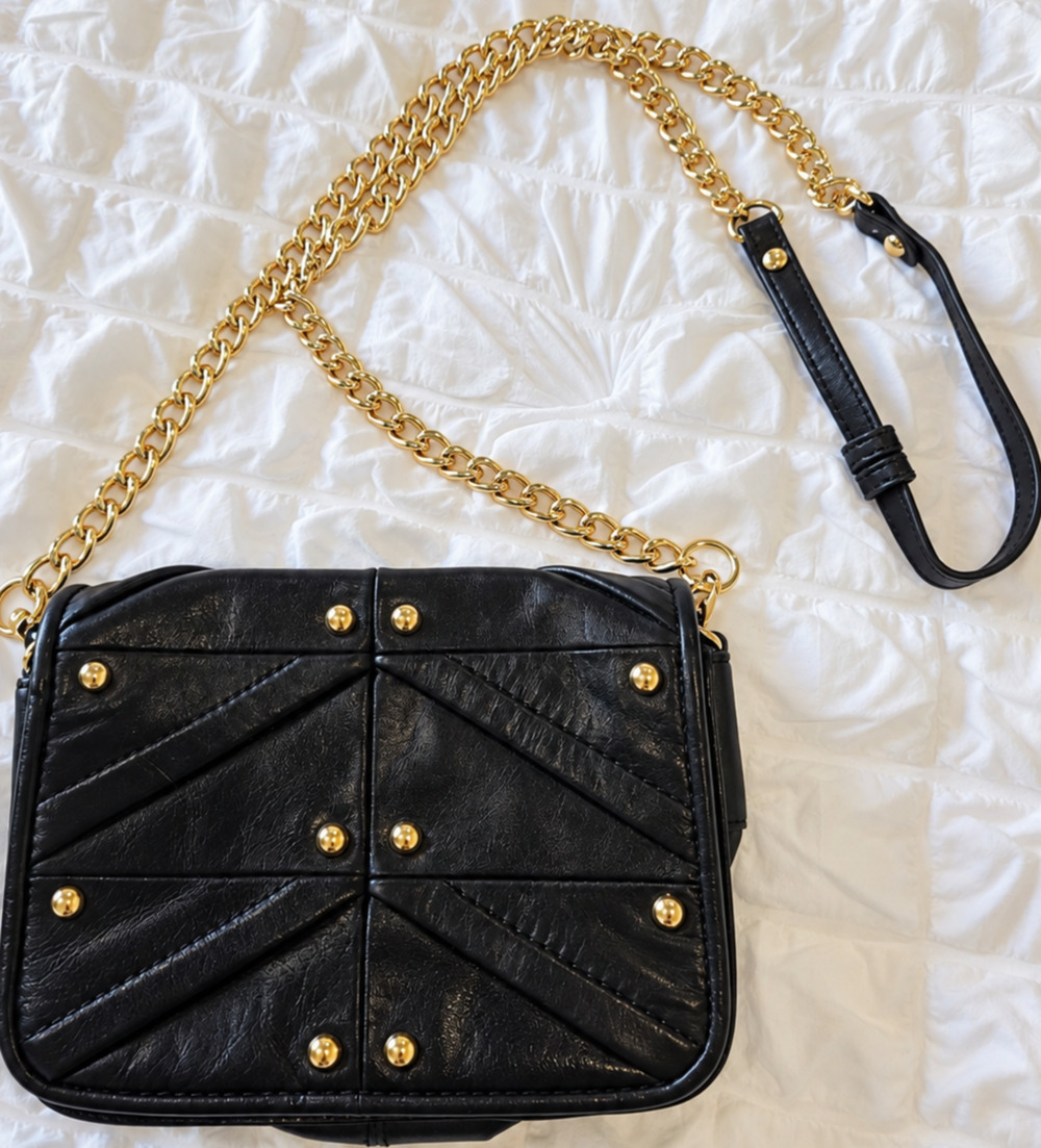 Badgley Mischka Shoulder Bag Womens Black Leather Gold Chain Studded Quilted